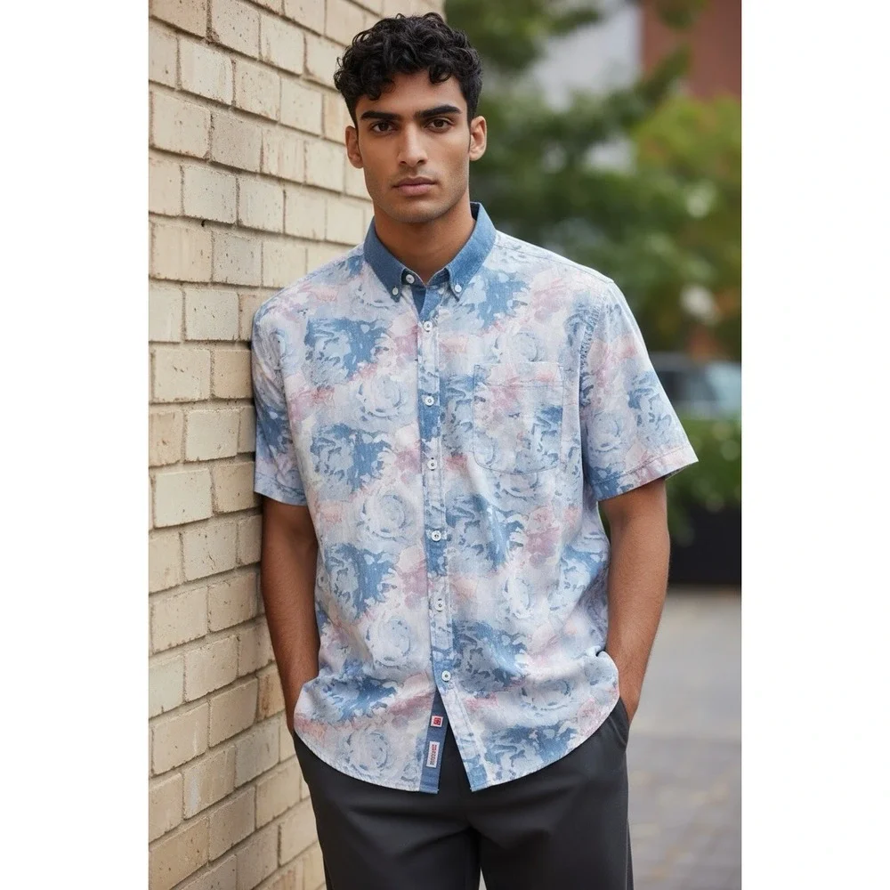 7 Diamonds Shirt  Abstract Print Polyester Cotton Blue Denim Collar Men's Size M